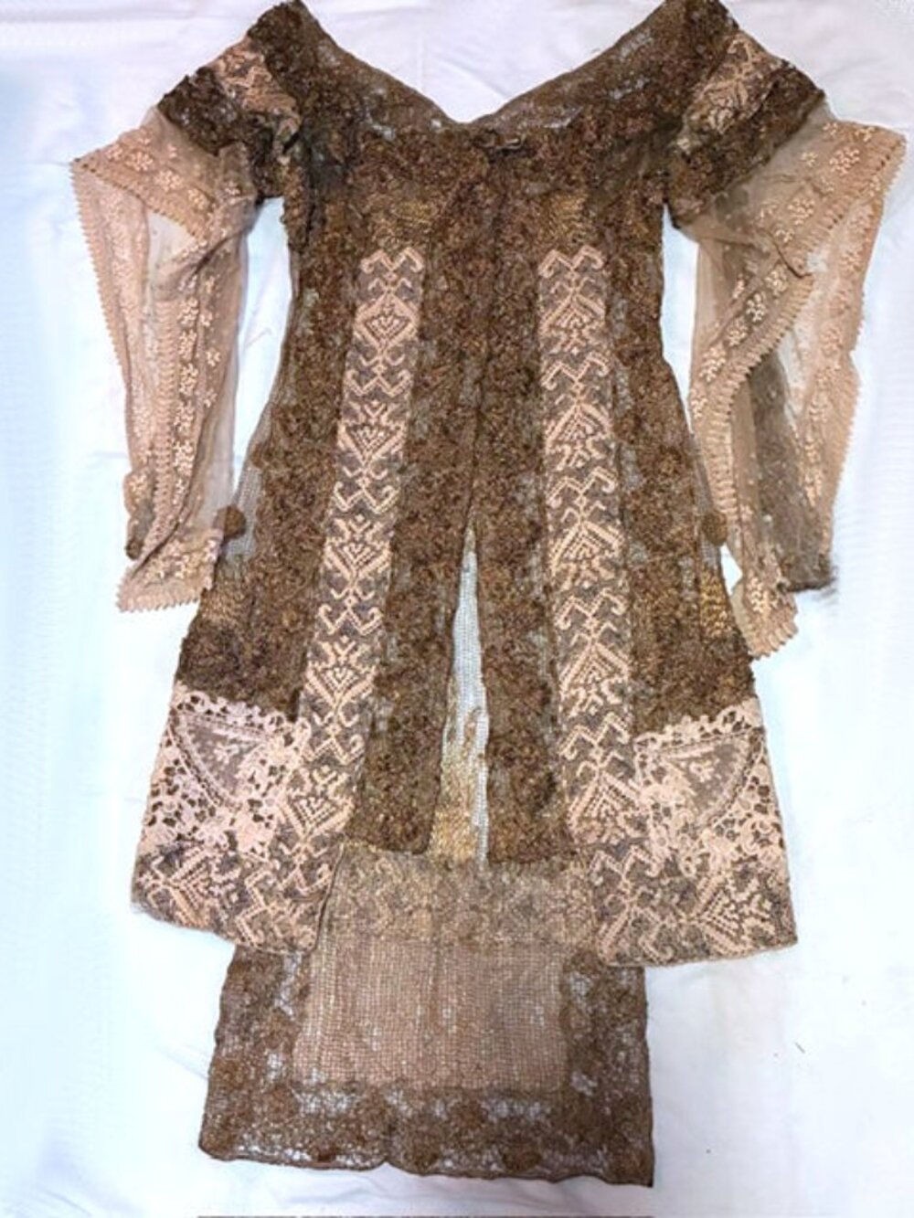 1800s Tudor Style Metallic Mesh and Lace Overcoat with Metallic Roses